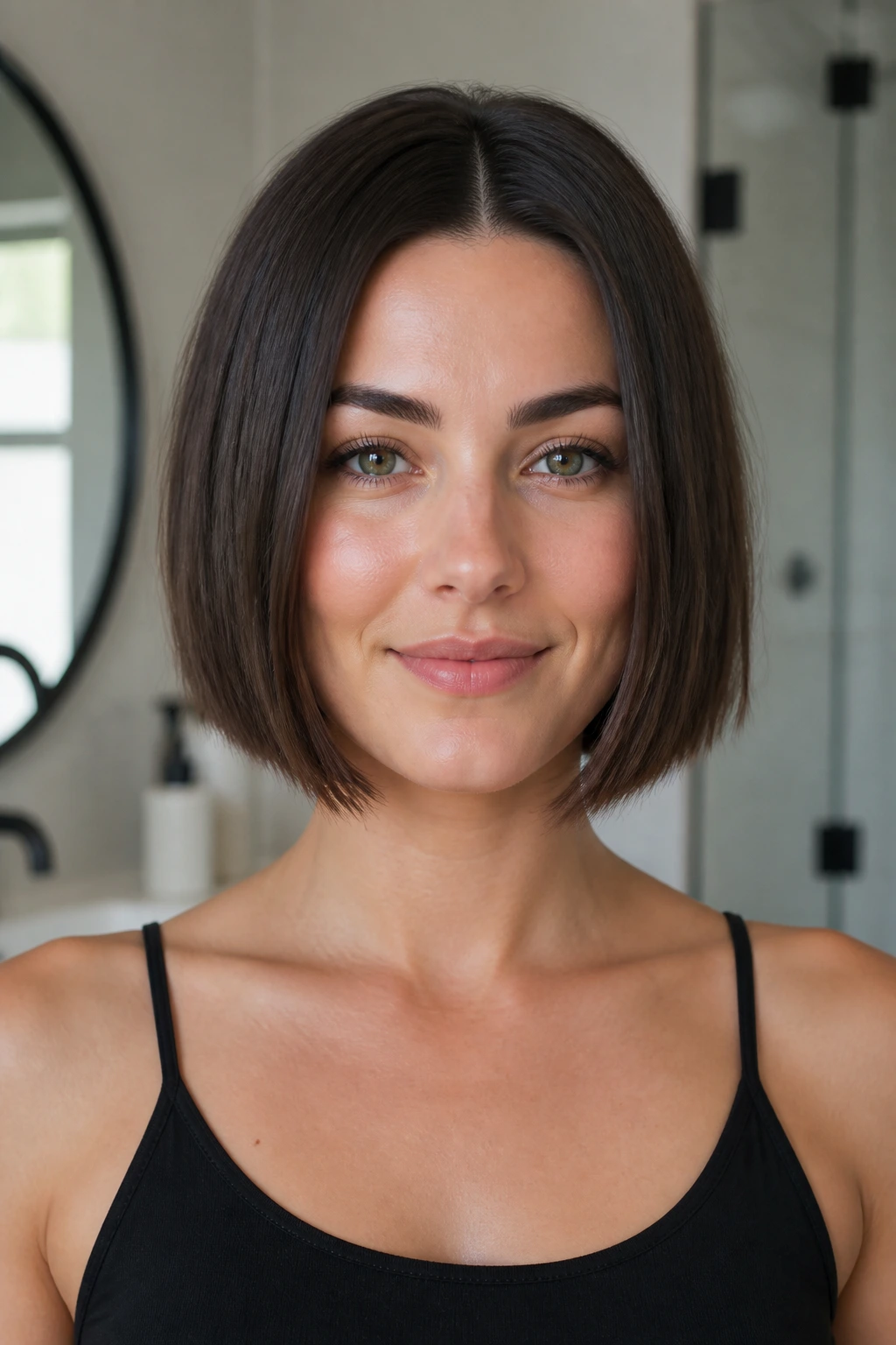 Close-up portrait of a real woman with a blunt bob and micro-texturizing at the ends