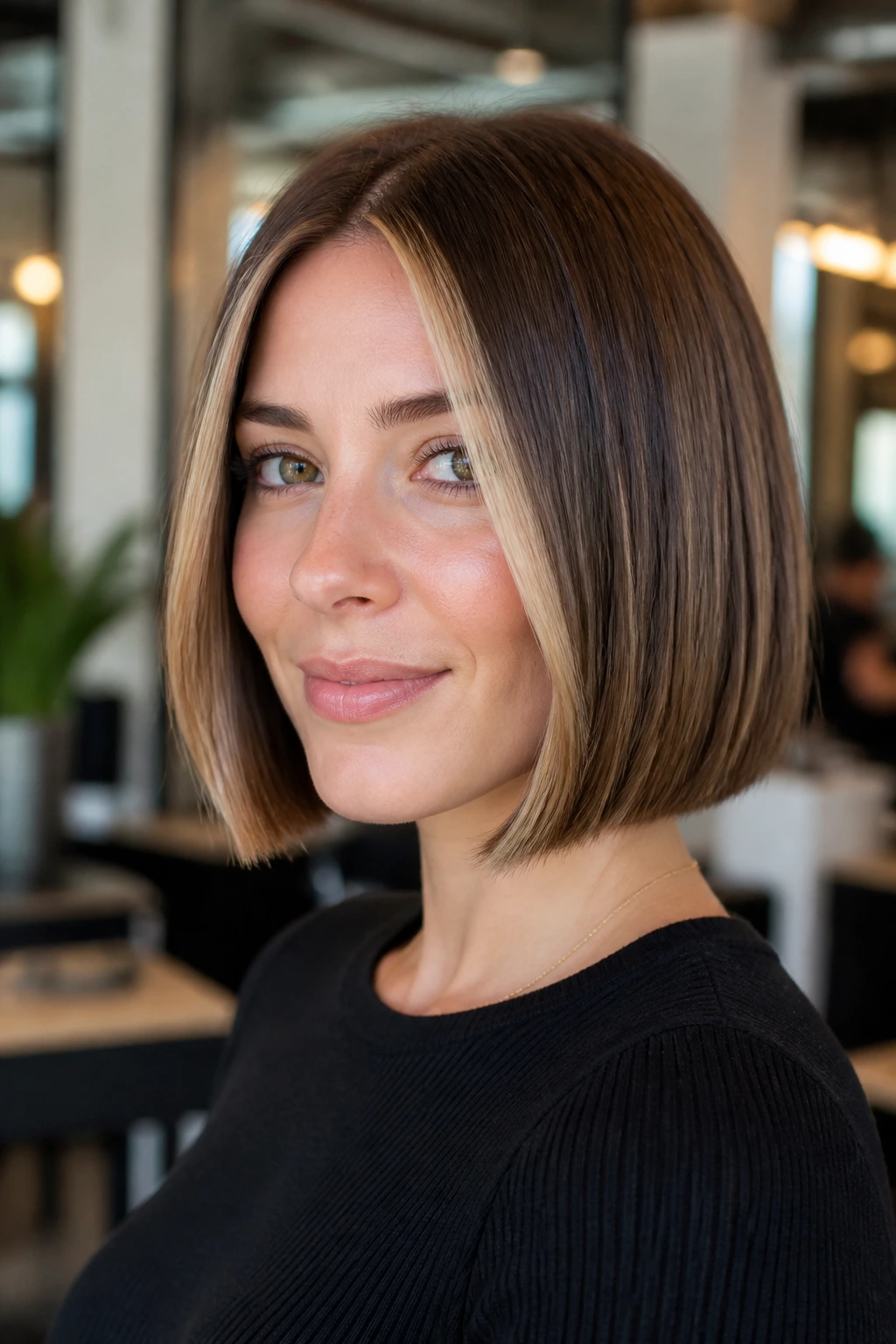 Close-up of chin-length blunt bob with a narrow center money piece on a real woman in a chic salon