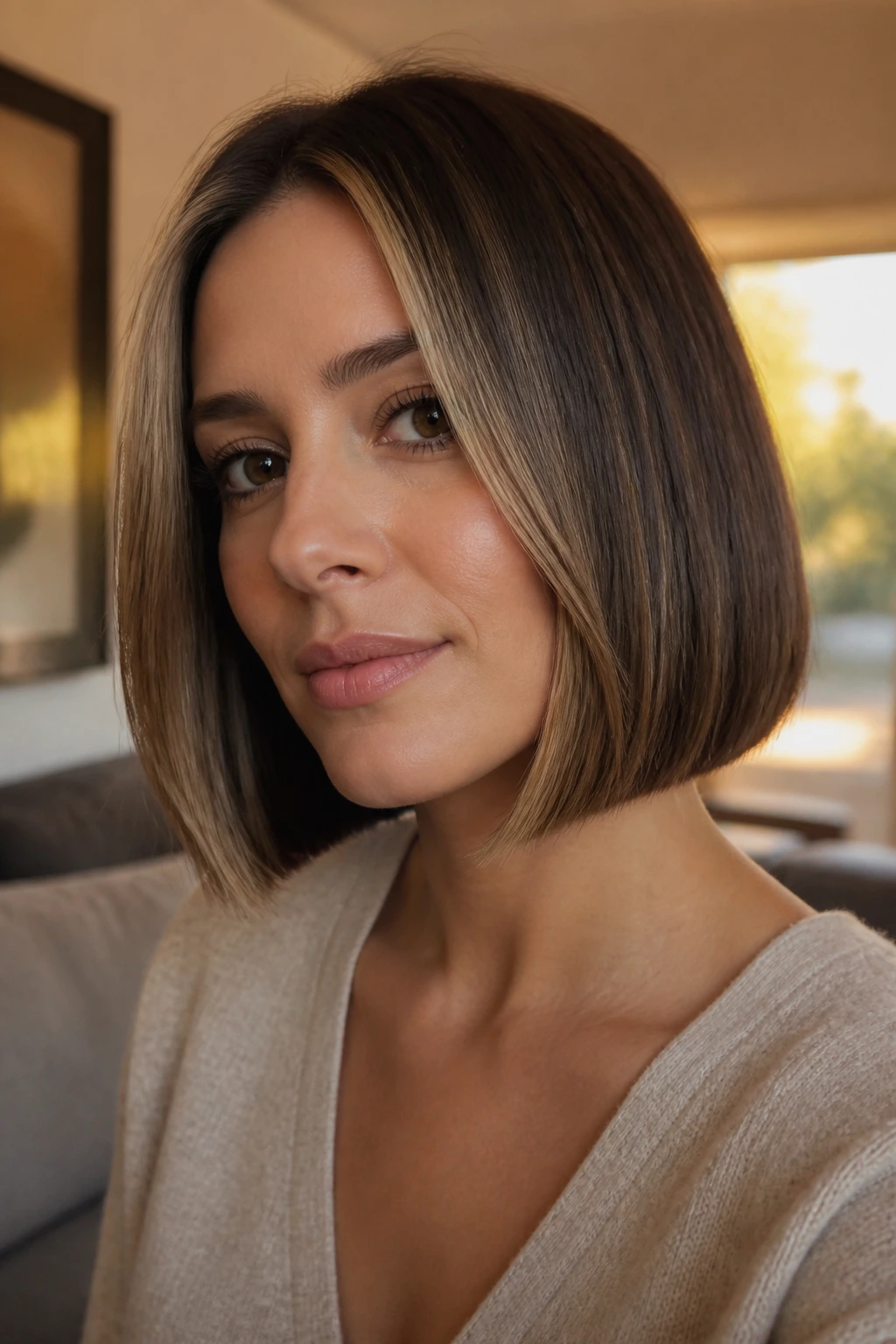 Close-up of a real person with blunt chin-length bob and soft caramel money piece.