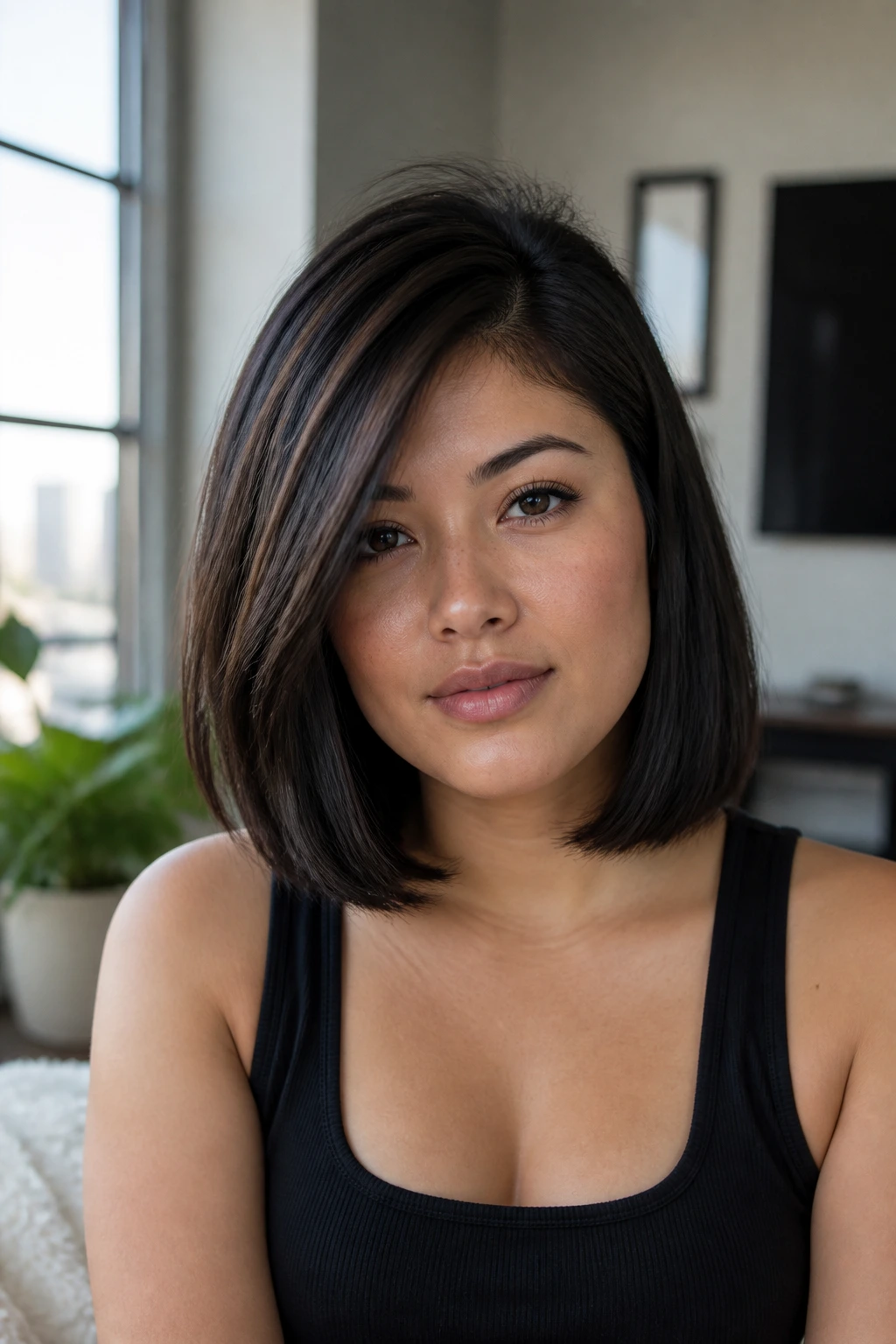 Close-up of a real person with a blunt mid-length bob and off-center part