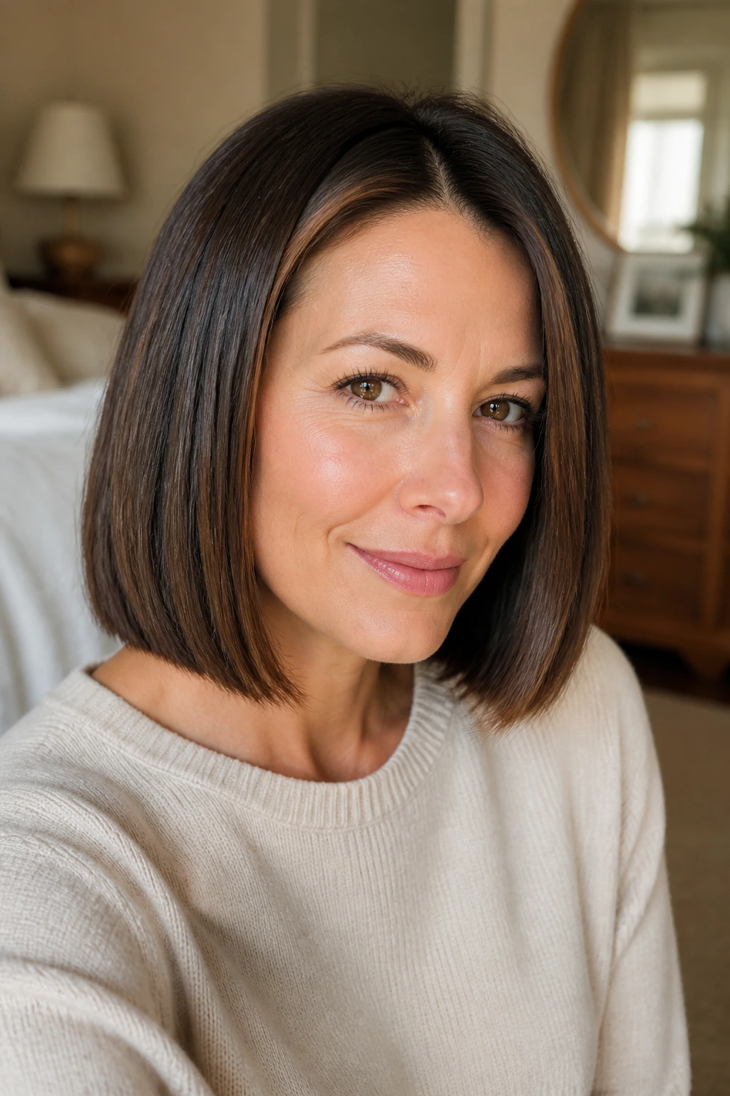 Close-up portrait of a woman with a blunt bob and off-center part in warm bedroom light