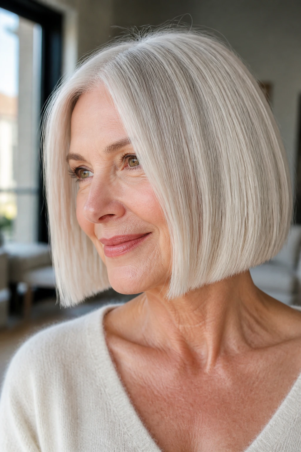 Close-up of a real person with a blunt bob and pearl babylights around the face frame.