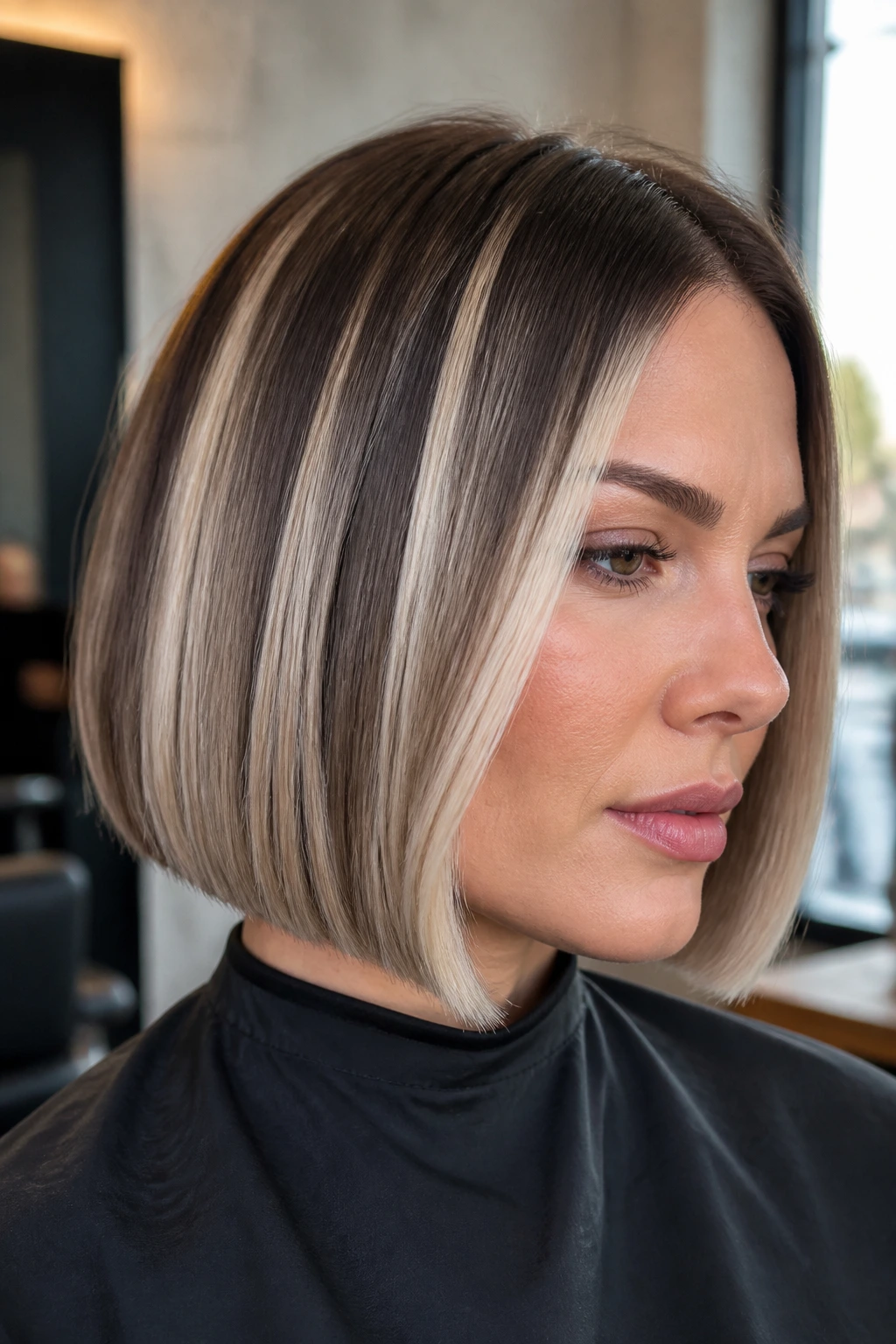Close-up of real woman with blunt bob and pearl blonde panels in cool-beige tones, natural window light.