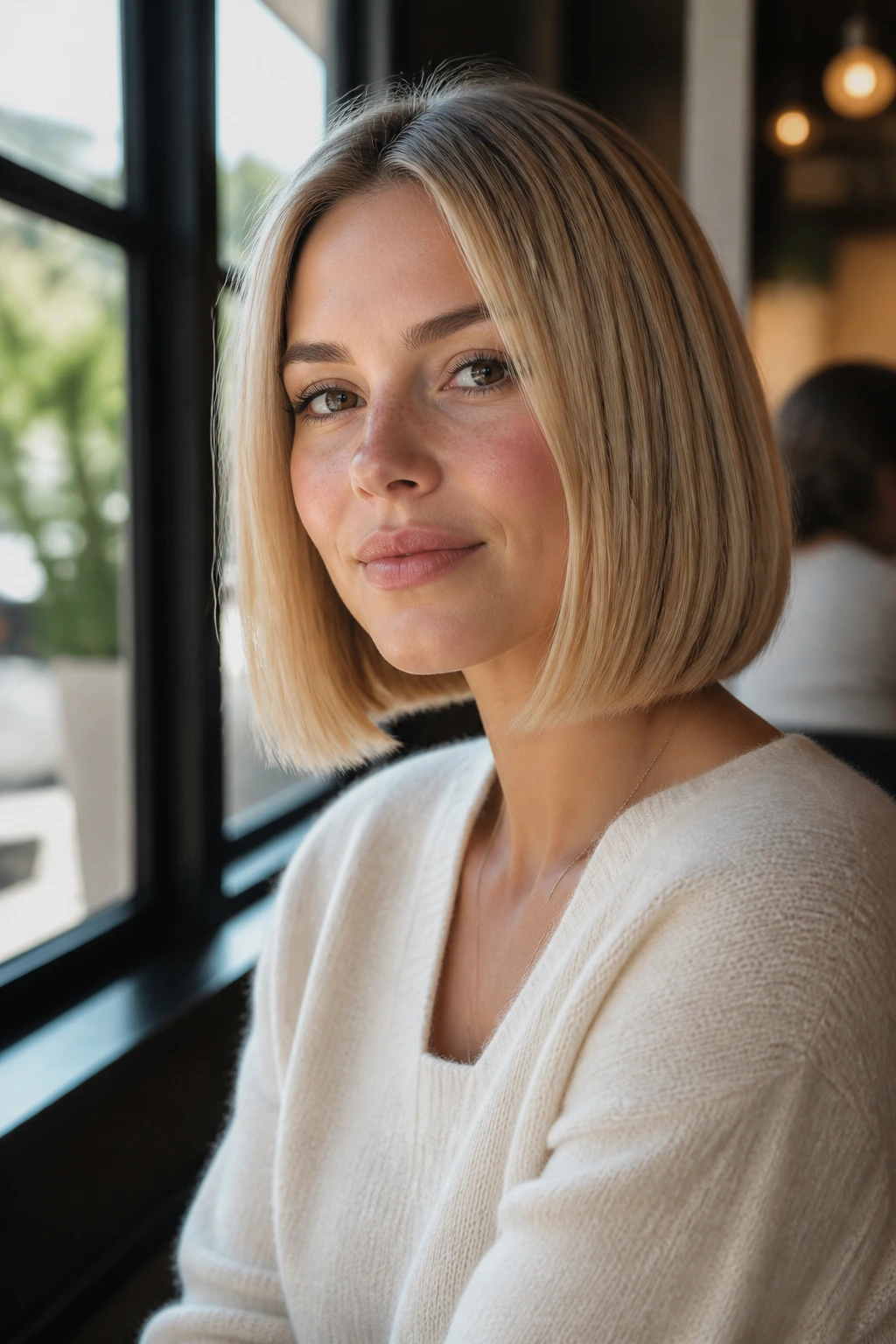 Real woman with blunt bob showing strong perimeter in a sunlit cafe setting.