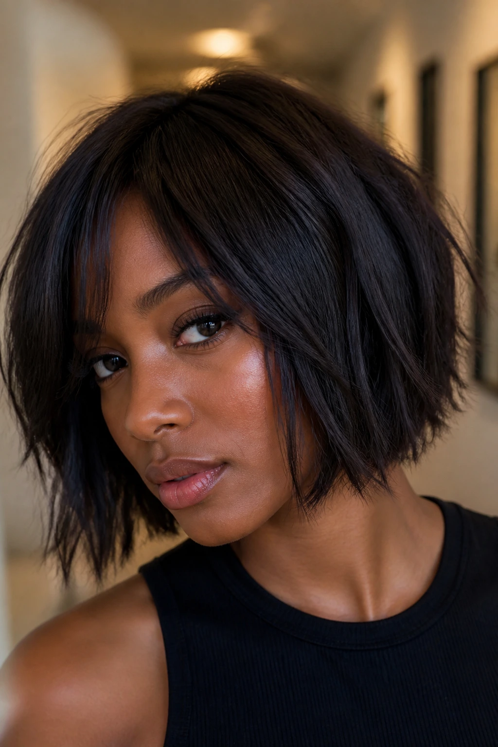 Close-up of a real woman with blunt bob and piecey ends.