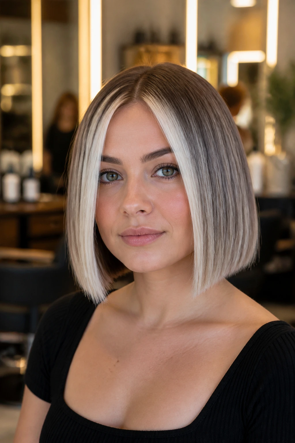 Close-up portrait of a real woman with blunt bob and platinum face-frame highlights