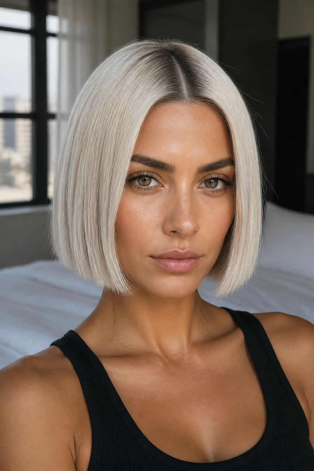 Close-up of a woman with icy platinum blunt bob and center part on olive skin