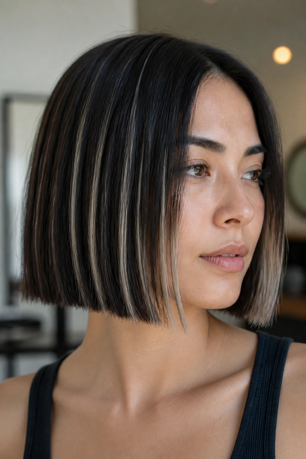 Close-up of a blunt bob with thin platinum veils on a real person