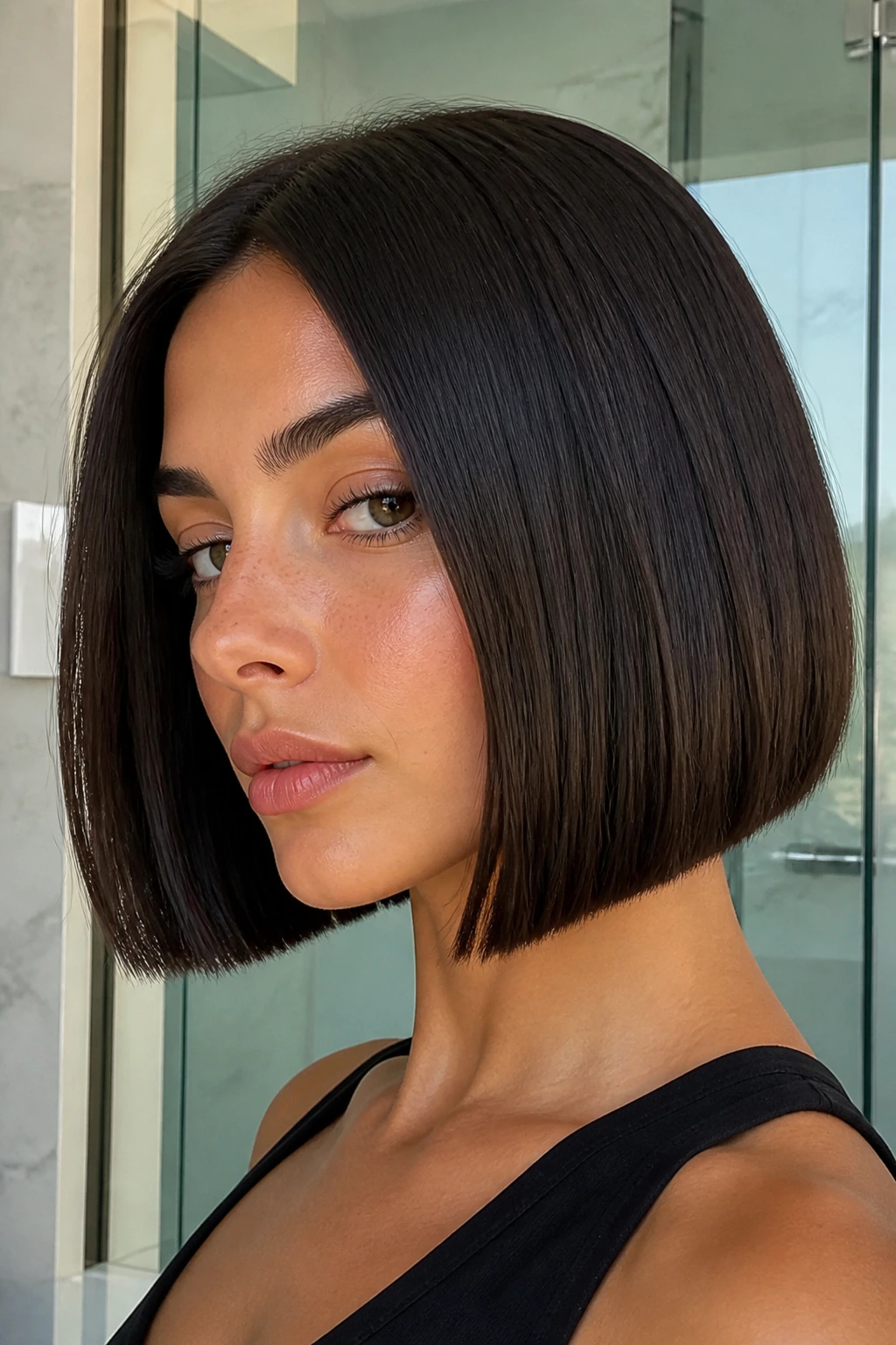 Portrait of a woman with a sharp blunt bob on thick hair in a sleek bathroom