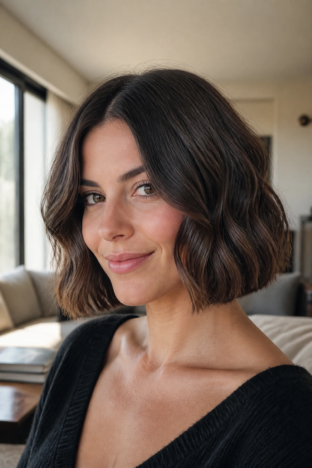 Real woman with blunt bob and S-waves in a bright living room