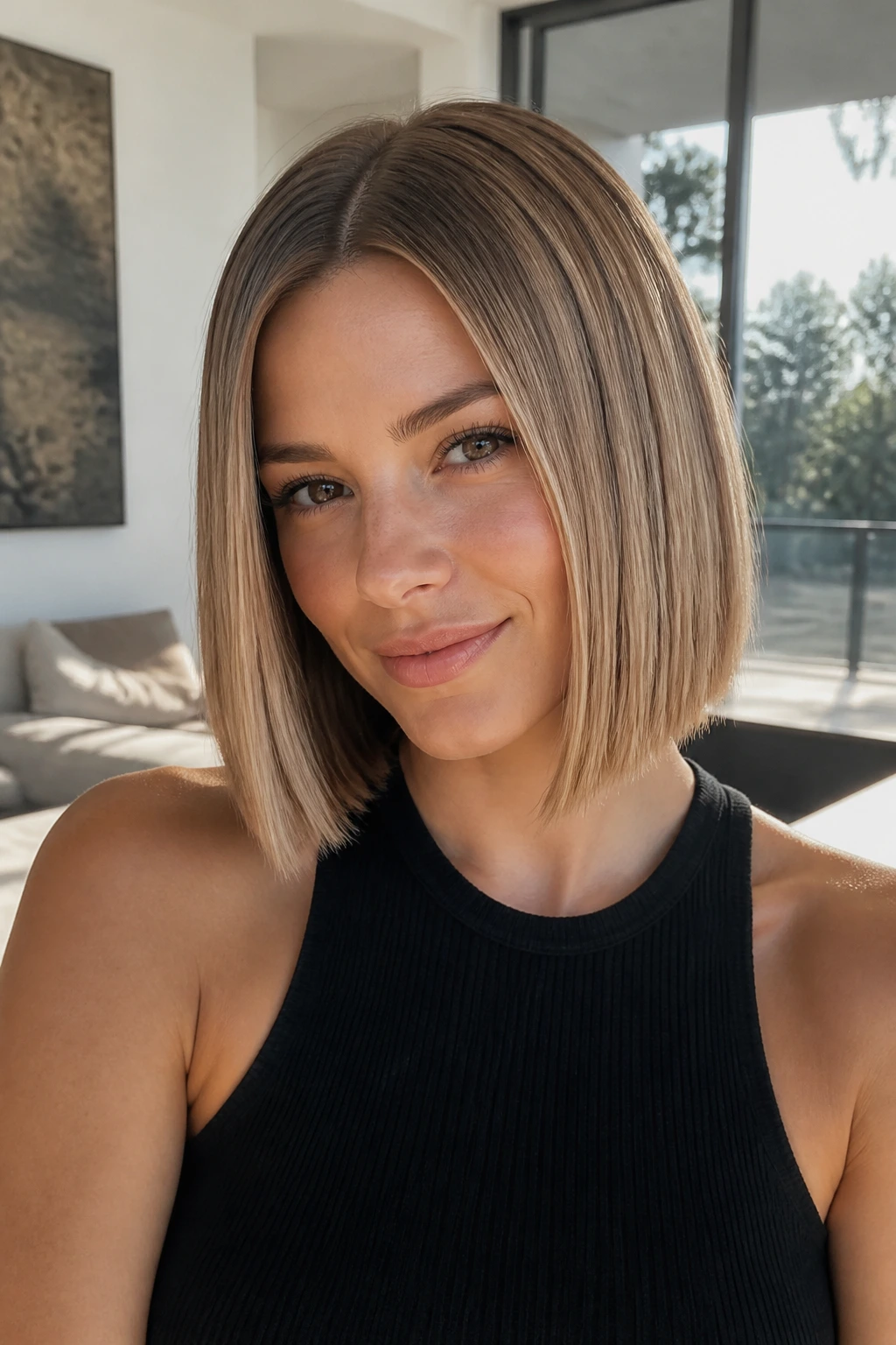 Close-up of a real woman with center-part blunt bob and sand lowlights, natural light