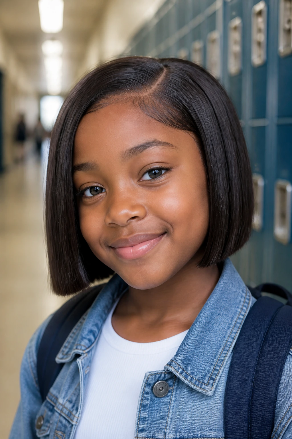 Close-up of a child with chin-length blunt bob in a school hallway.