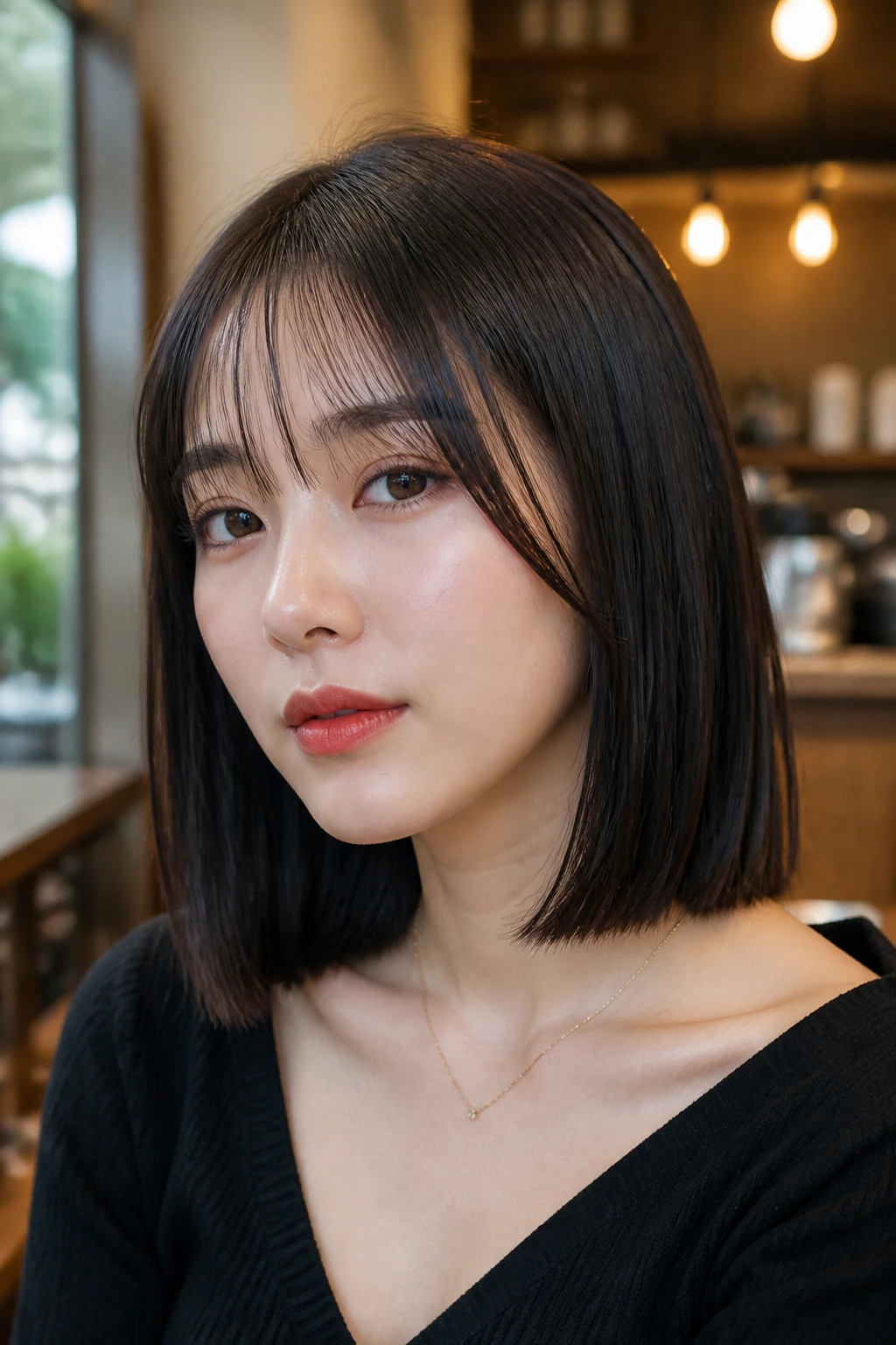 Portrait of a real woman with blunt shoulder-grazing bob and see-through bangs