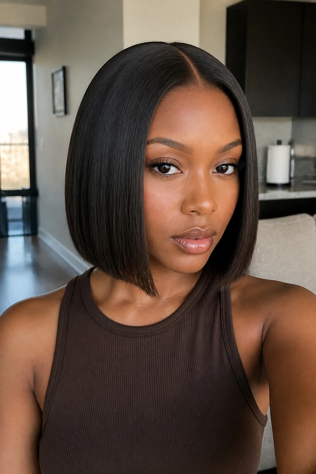 Real woman center-part blunt bob sew-in