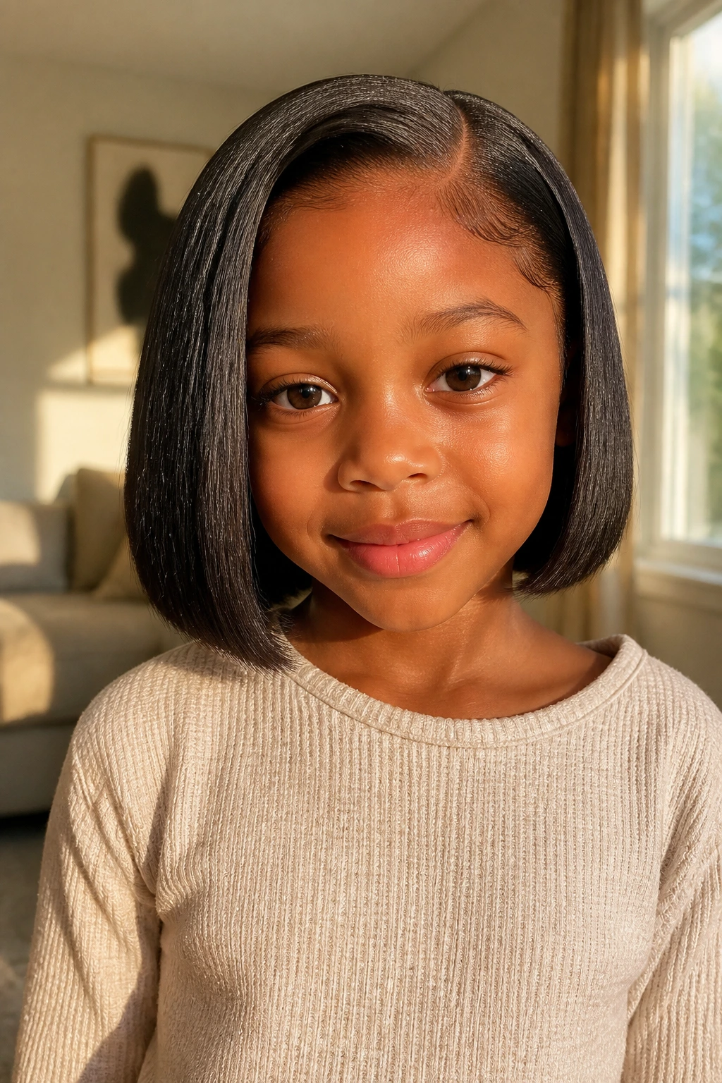 Child with blunt bob showing clean shape in a sunlit room.