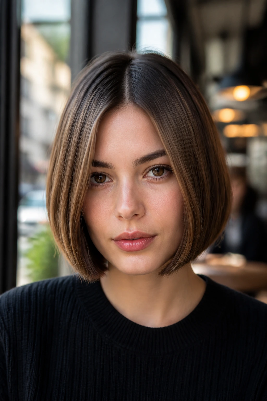 Portrait of a person with a blunt bob highlighting crown weight and clean lines