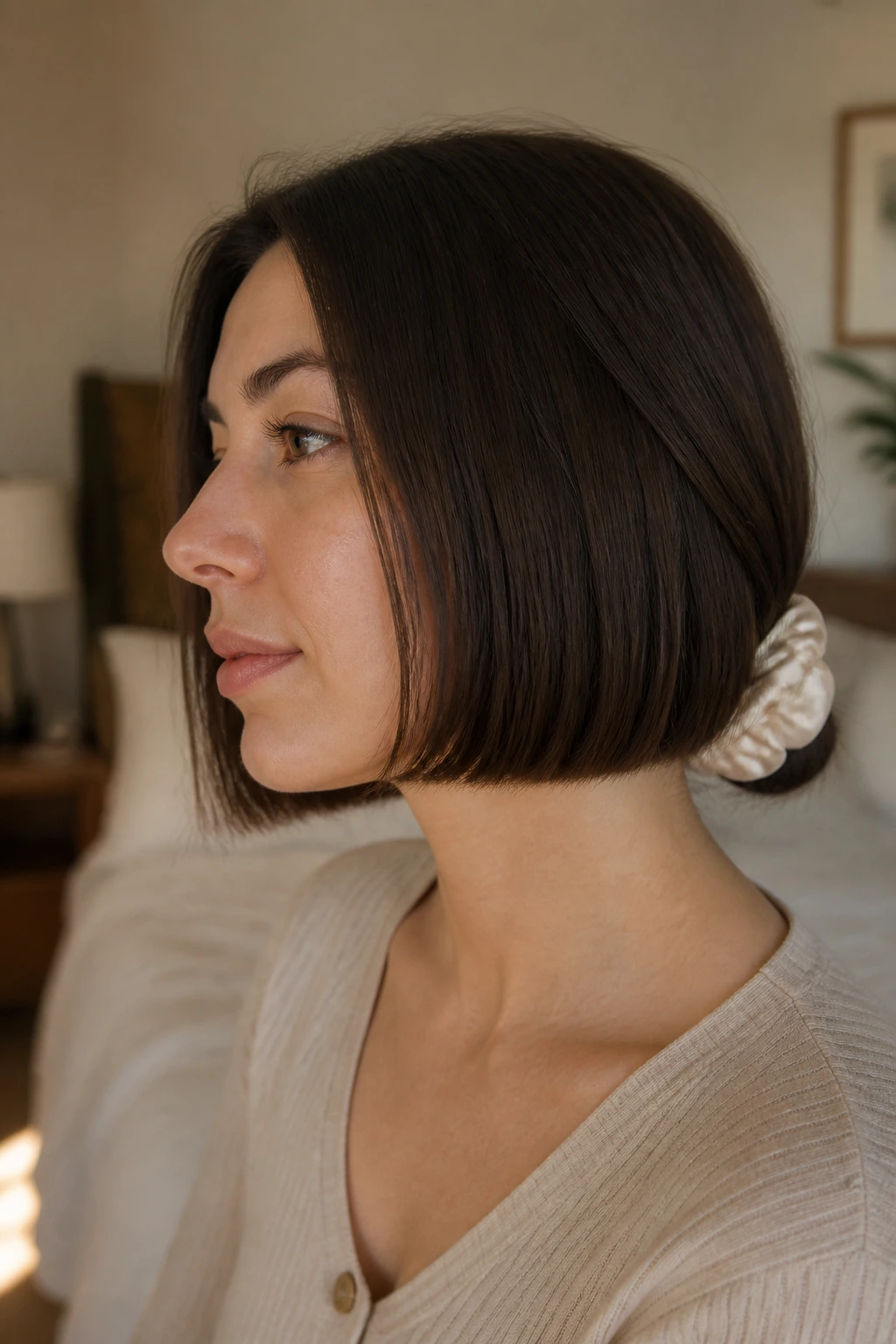 Blunt bob portrait with silk scrunchie for shape retention.