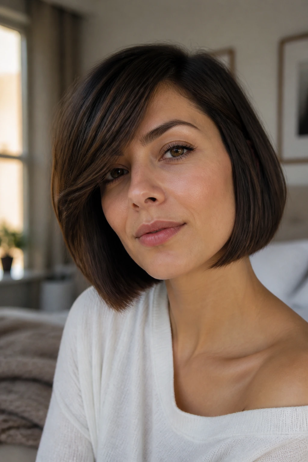 Close-up portrait of a real woman with a blunt bob and side bend in natural window light