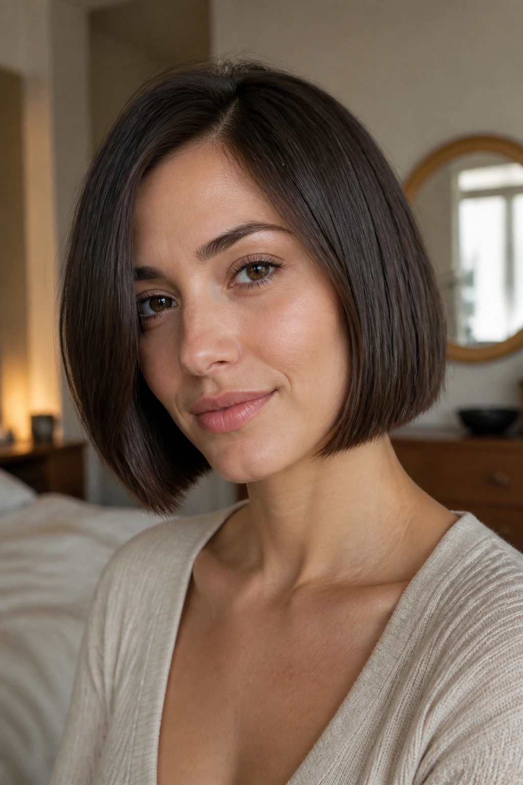 Close-up portrait of a real woman with a chin-length blunt bob and a soft side part.