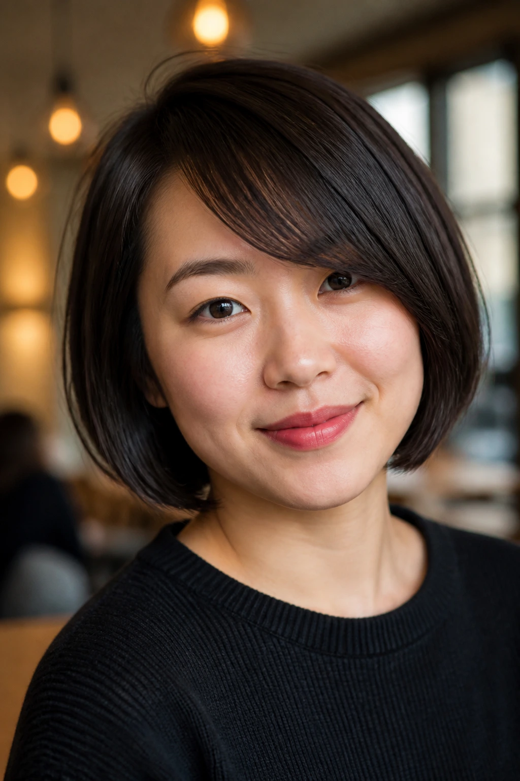 Close-up of real woman with blunt bob and side-swept fringe