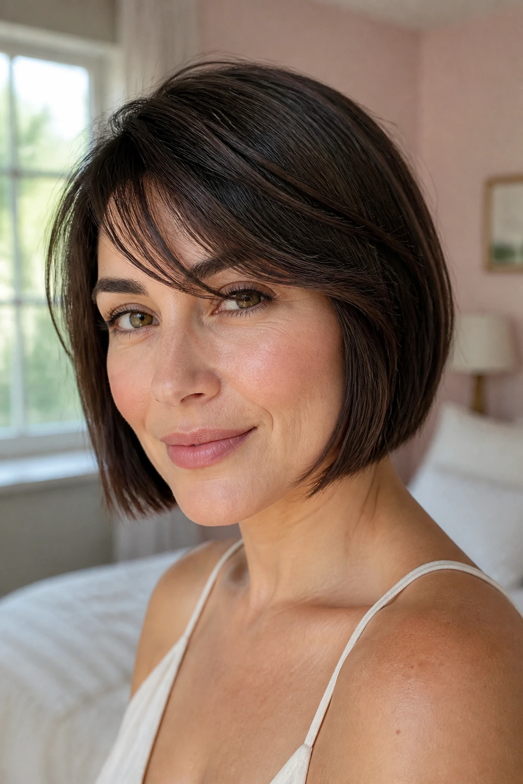 Close-up portrait of a real woman with blunt bob softened by side-swept layers.