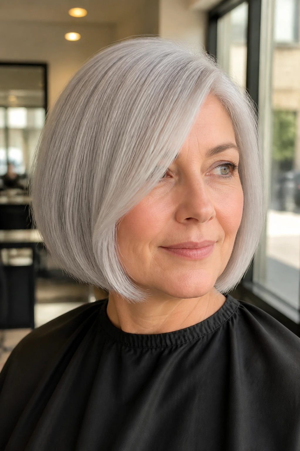 Portrait of a real woman with a blunt chin-length silver bob and deep side part.
