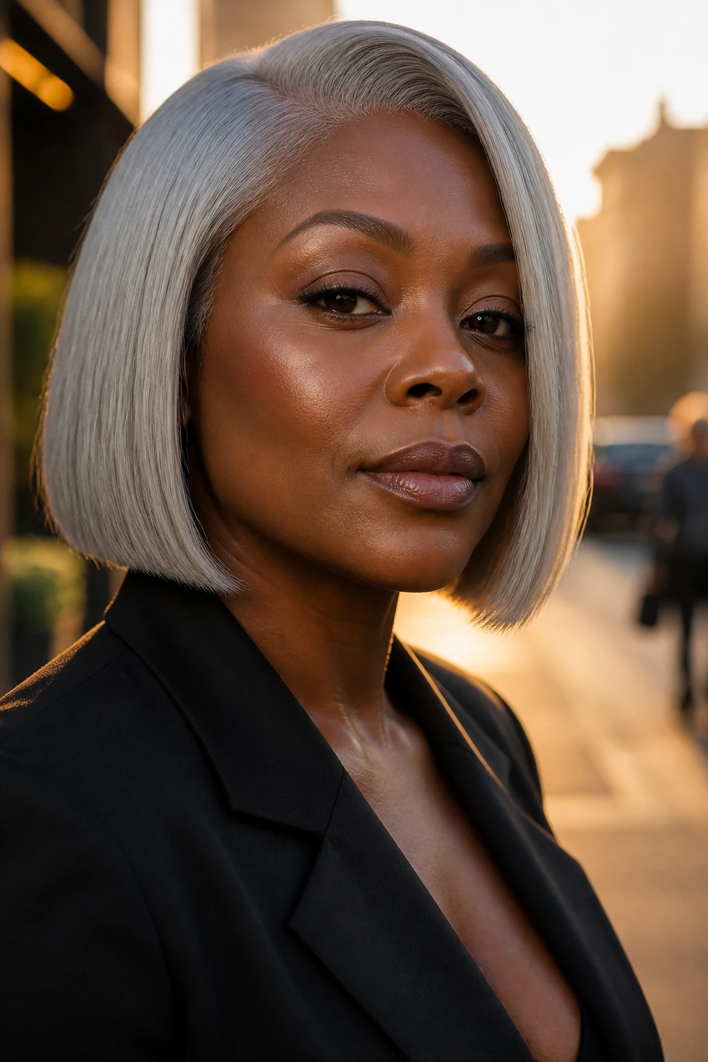 Portrait of a person with a side-part silver gray blunt bob.