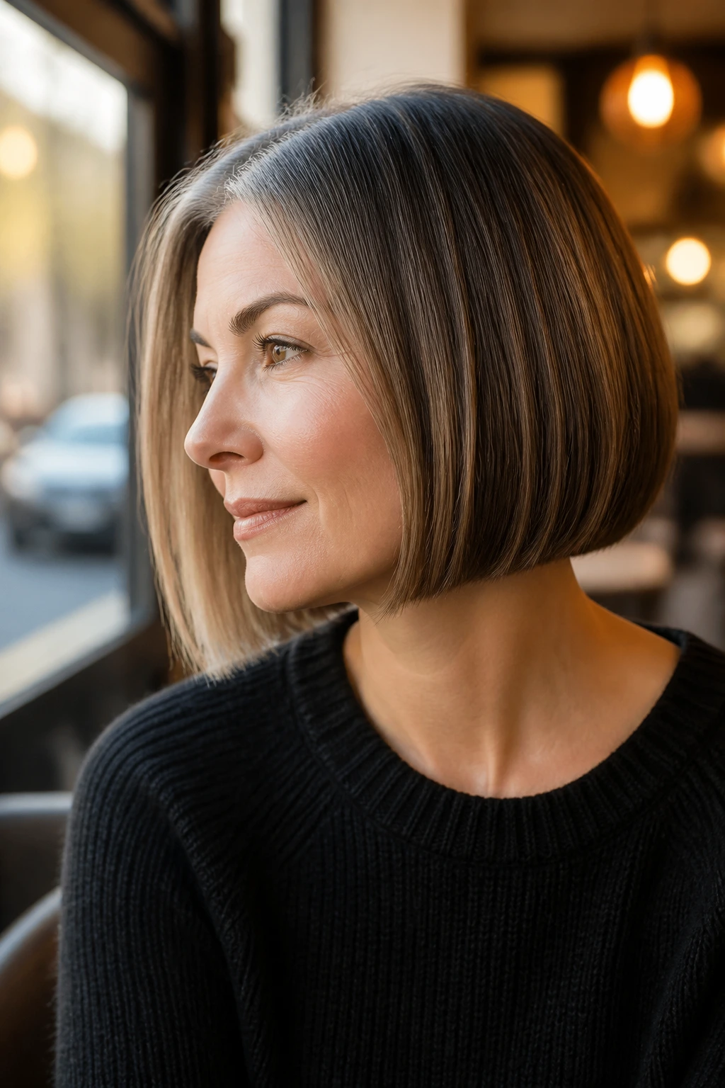 Close-up of a real woman with a blunt bob and smudged roots in warm cafe light