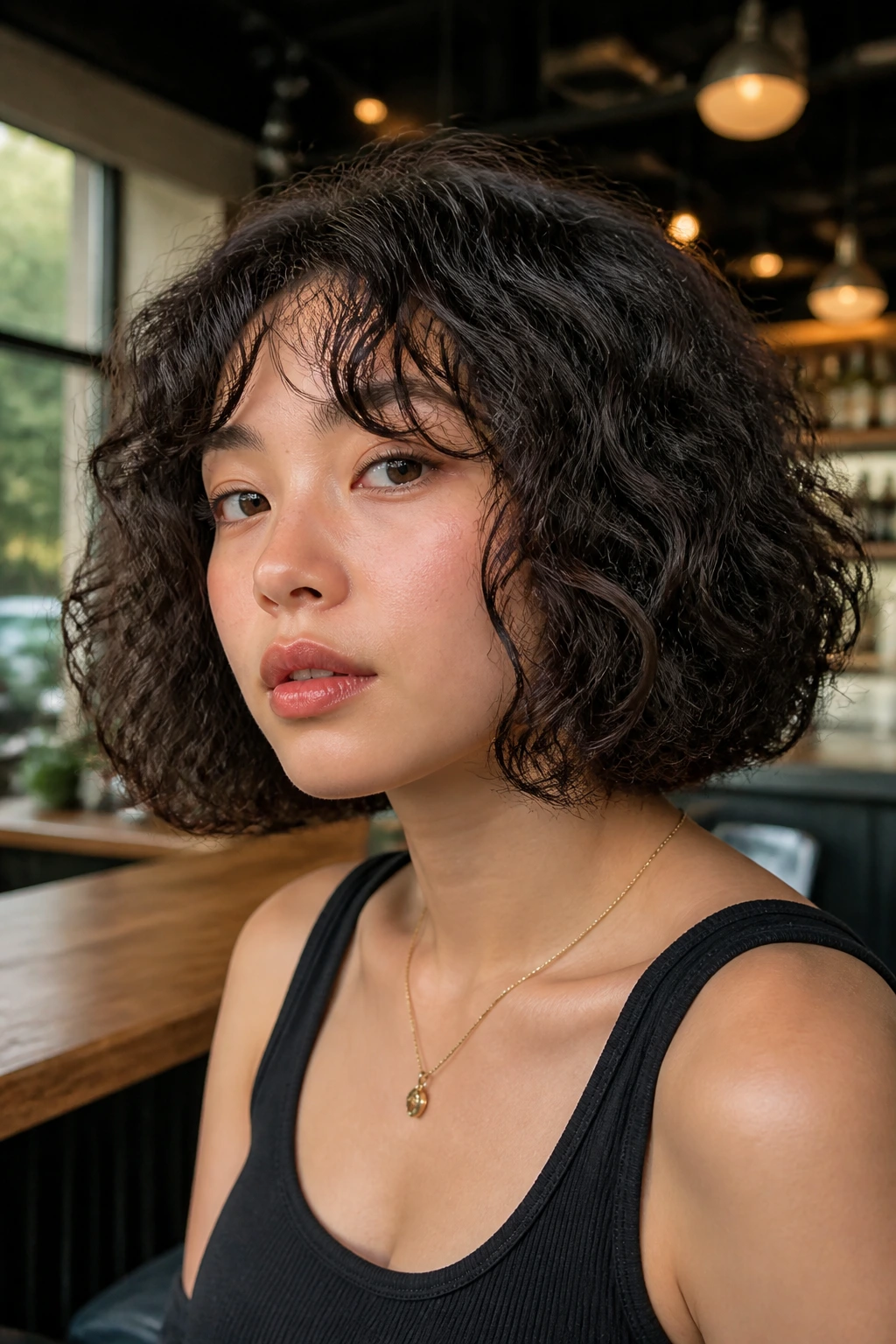 Close-up of a real woman with blunt bob with soft ends curly hair in cafe light