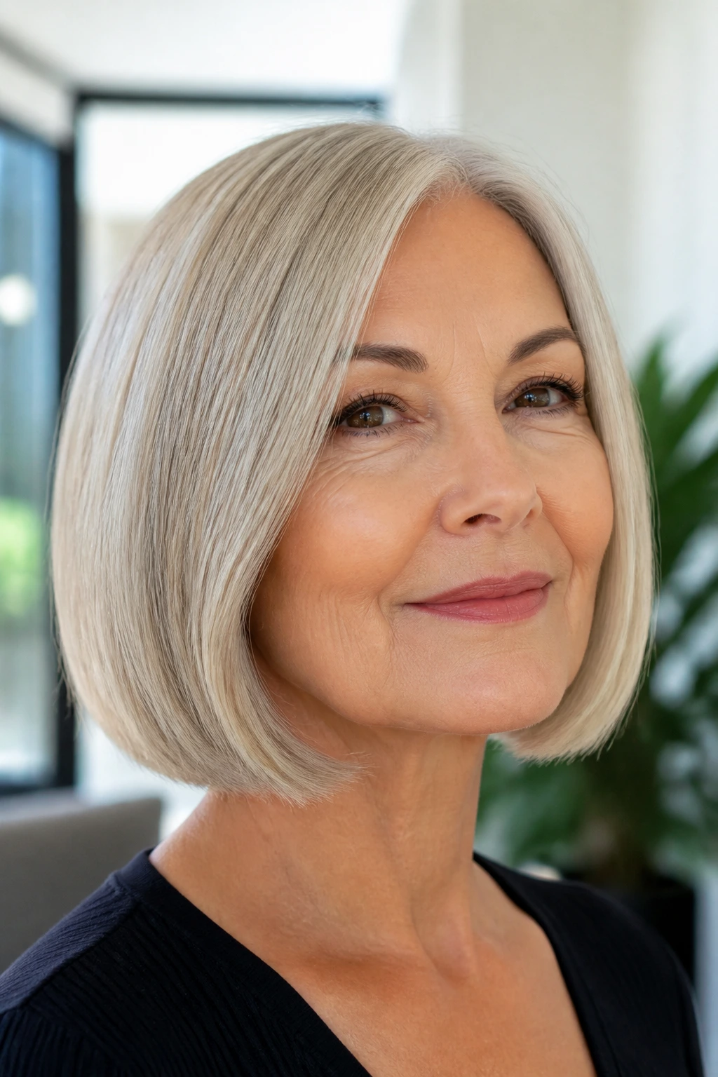 Real woman with sleek blunt bob and soft ends close-up; glossy hair