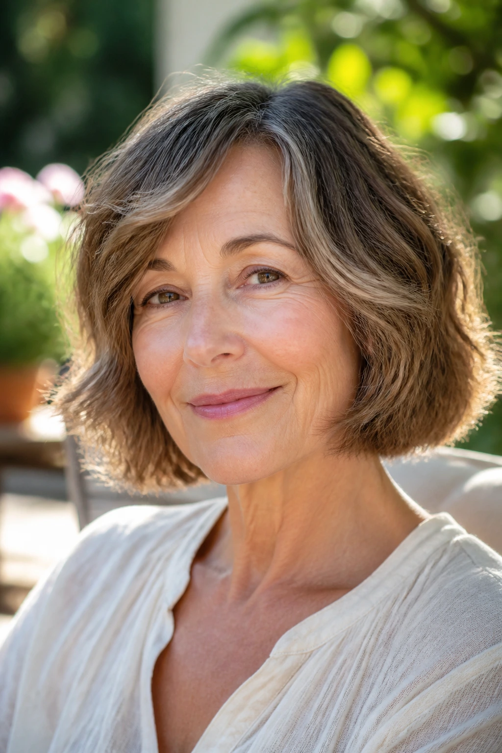 Older woman with blunt bob and soft ends in soft sunlight.