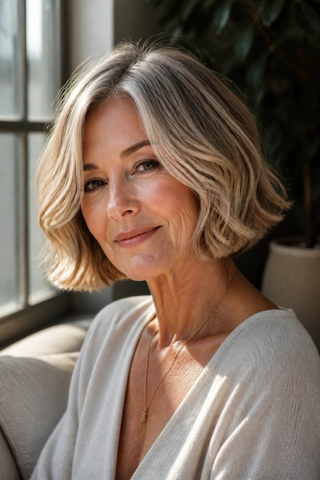 Close-up of a real woman with a soft-ended blunt bob in natural window light