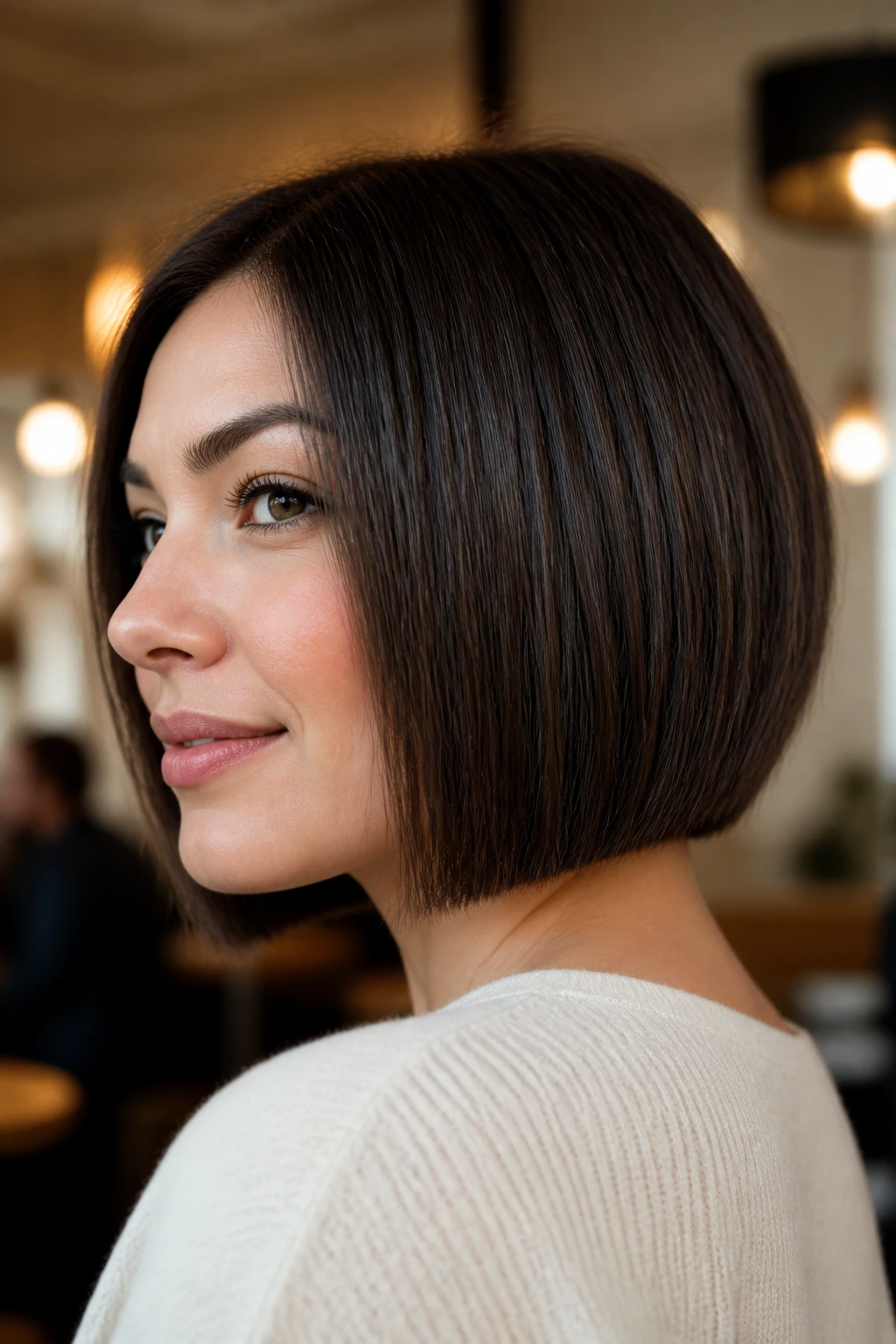 Real woman with blunt bob and subtle stack