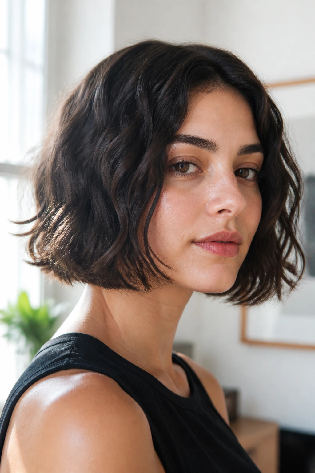 Close-up portrait of a real woman with a blunt bob and soft textured ends