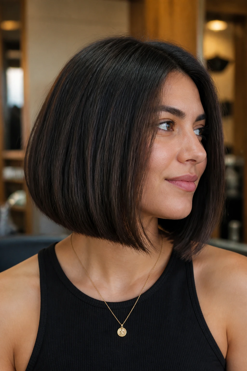 Close-up portrait of a real woman with a blunt bob for thick hair