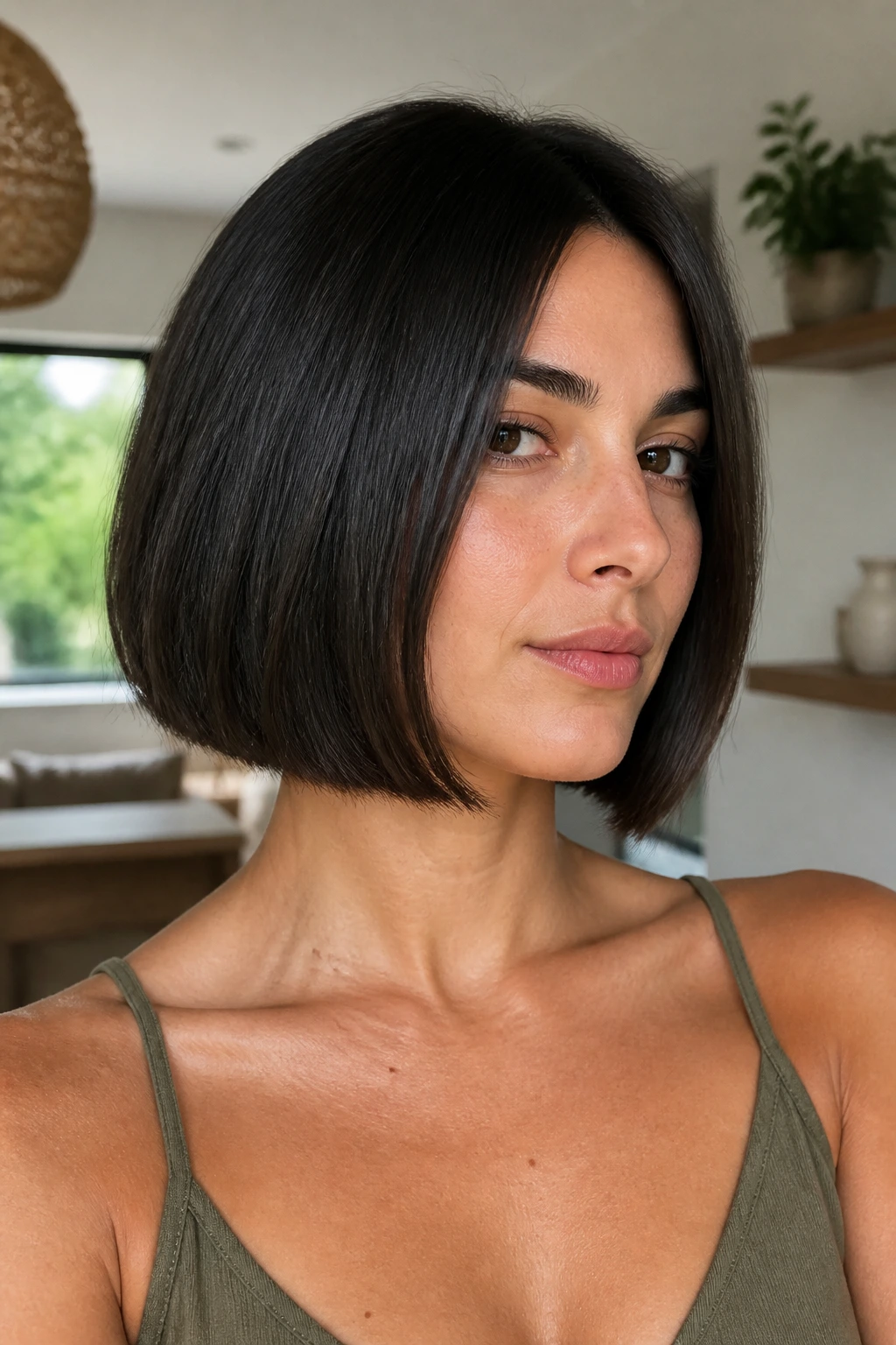 Woman with crisp blunt bob thick hair close-up portrait