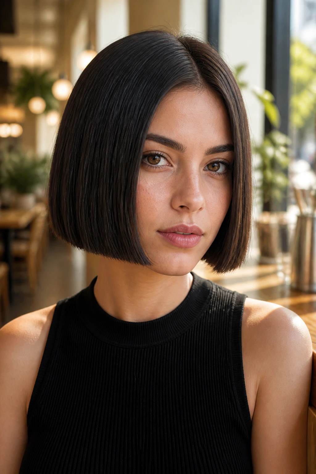 Portrait of a woman with a sharp jaw-length blunt bob for thick straight hair.