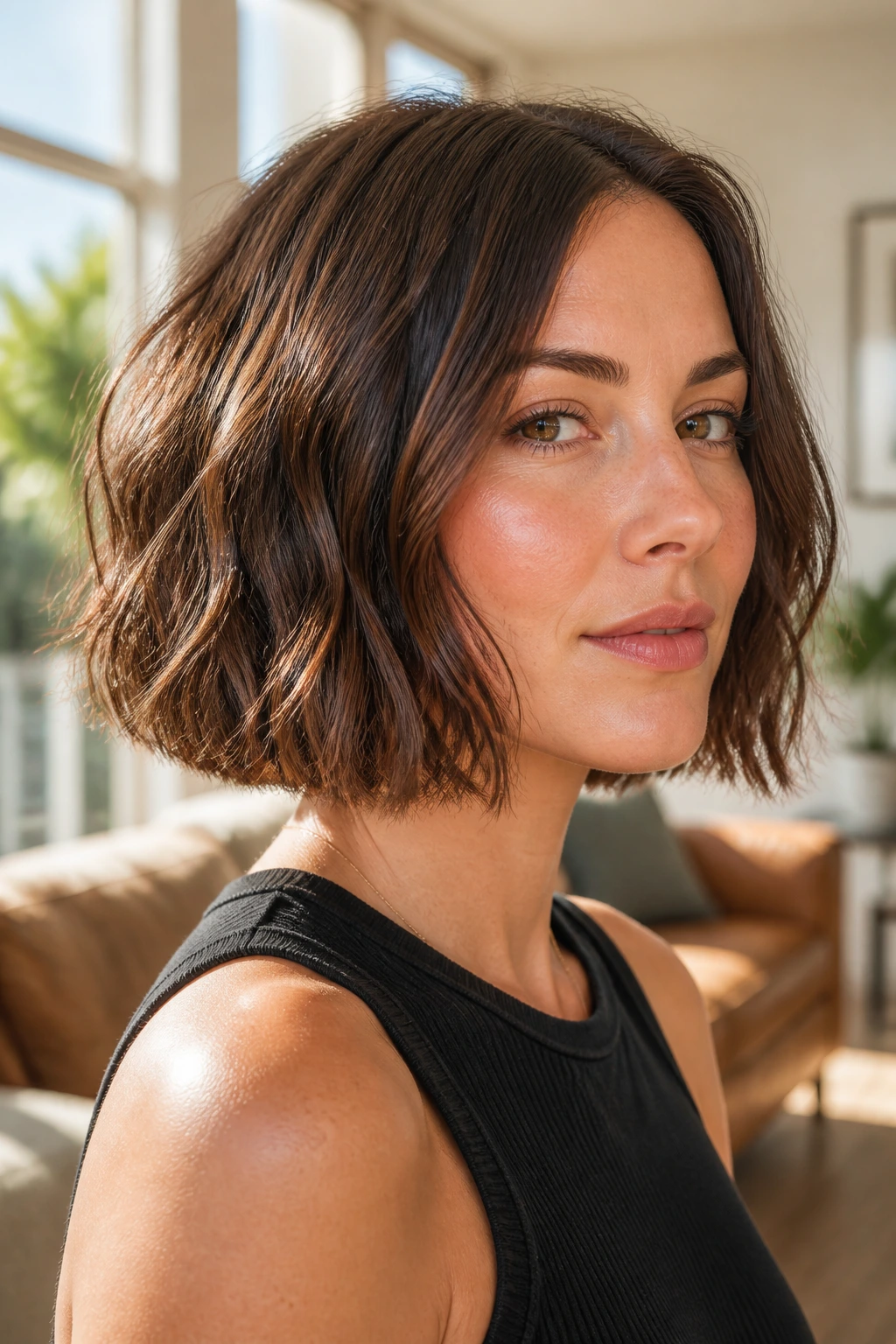 Close-up portrait of a real woman with blunt bob showing strong outer edge and inner thinning