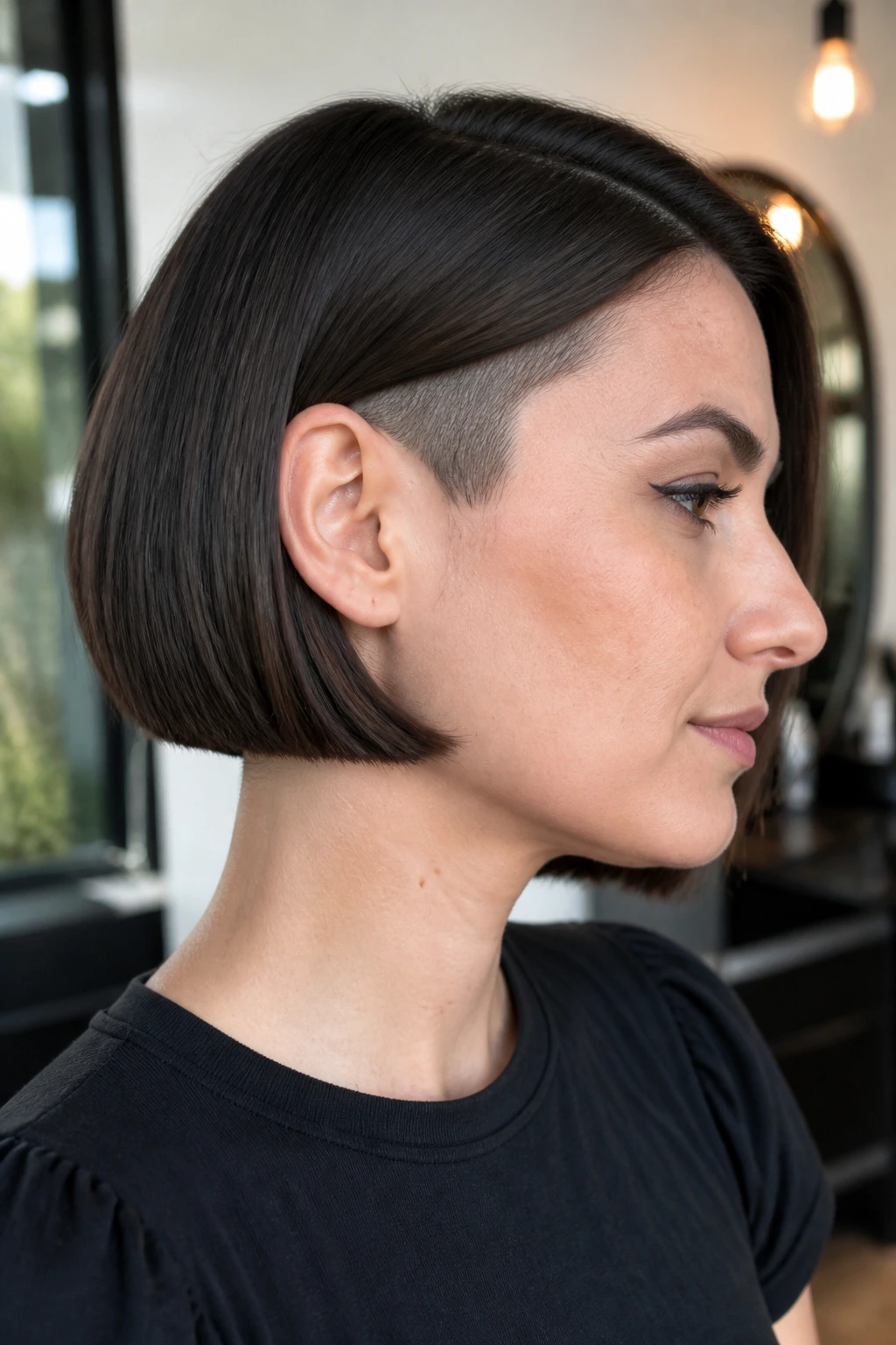Portrait of a person with blunt bob and hidden undercut.