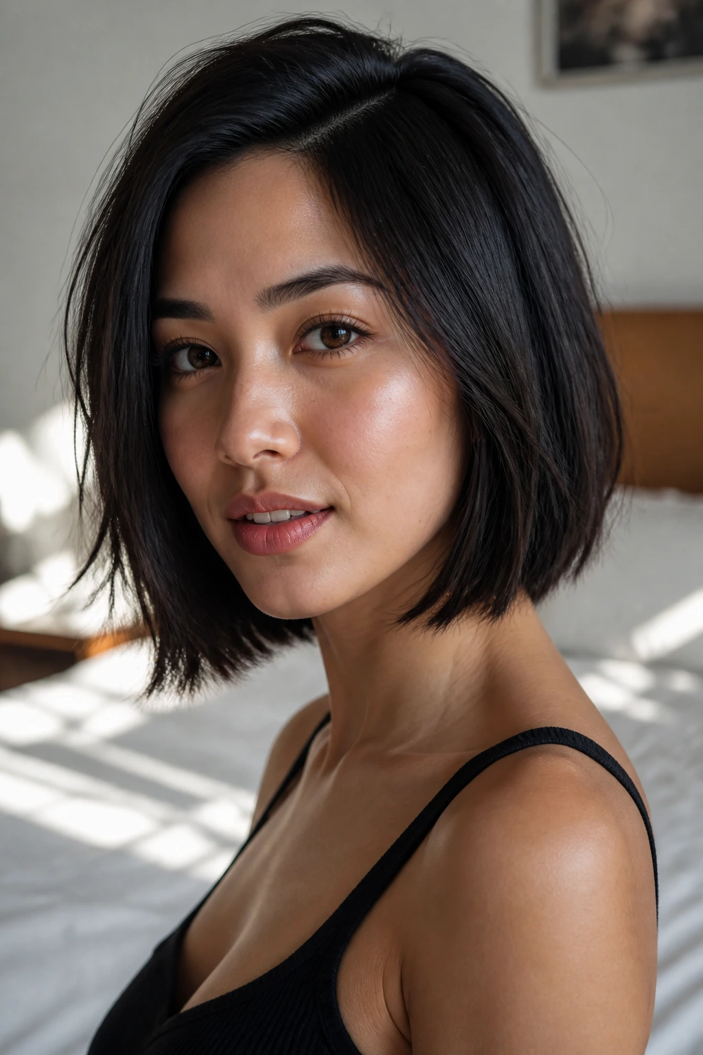 Close-up portrait of a real woman with a blunt bob and a slightly undone finish in warm window light