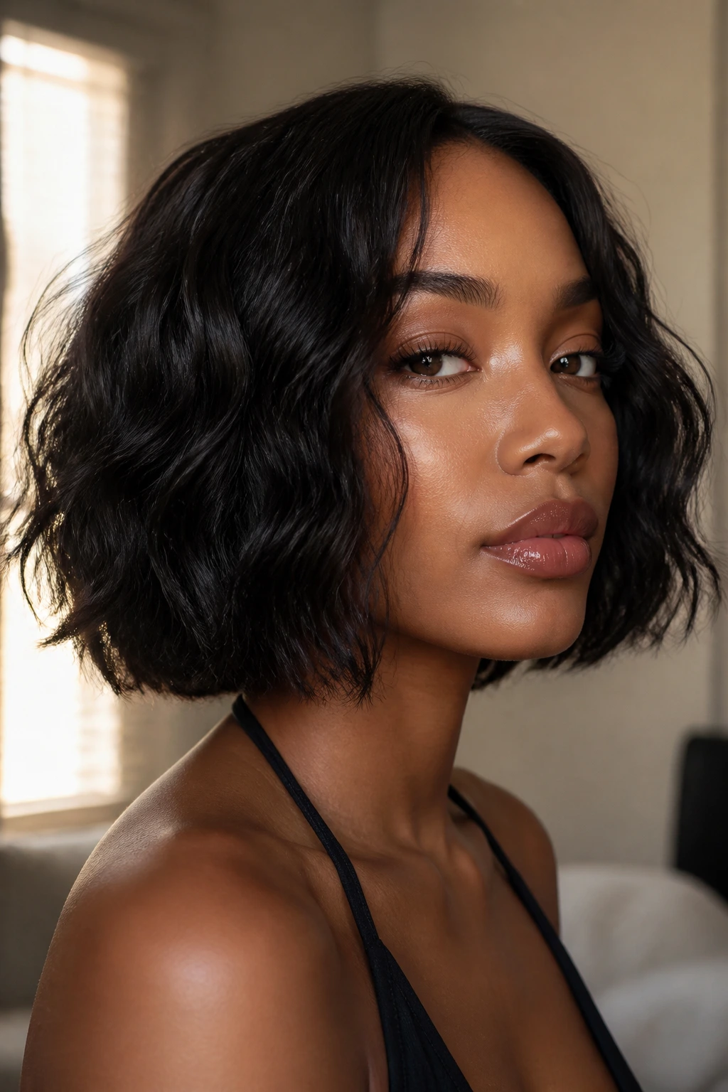 Close-up of real Black woman with jaw-length blunt bob and soft undone waves in warm window light