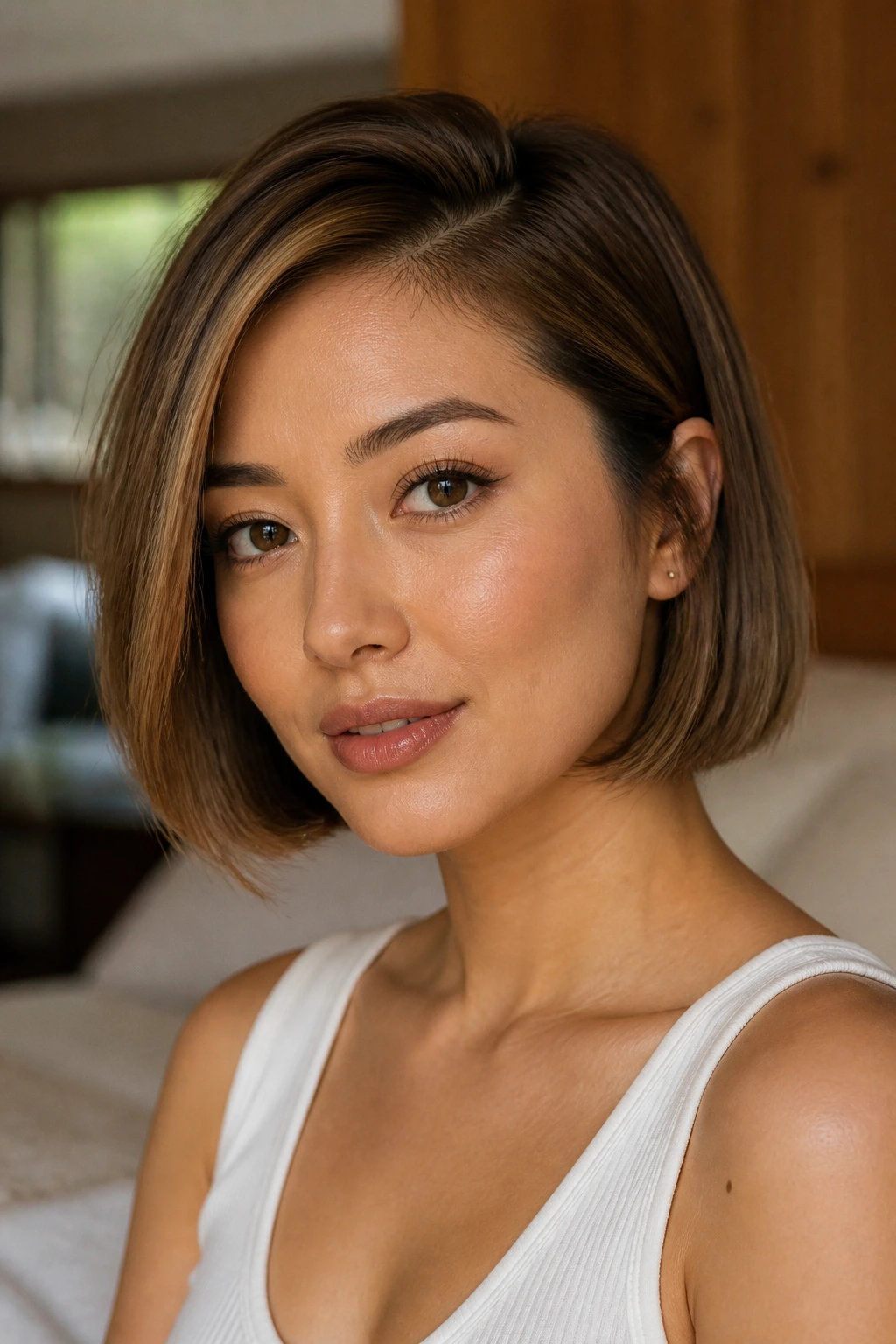 Close-up portrait of a real woman with chin-length blunt bob and deep side part on warm yellow undertone skin