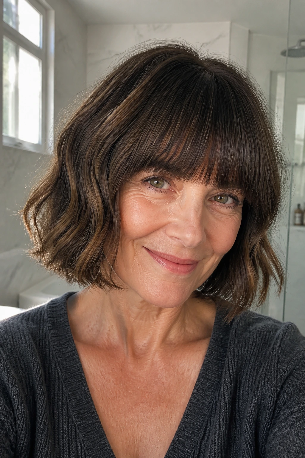 Close-up of blunt bob with soft wave and full bangs on a real woman in a bright bathroom