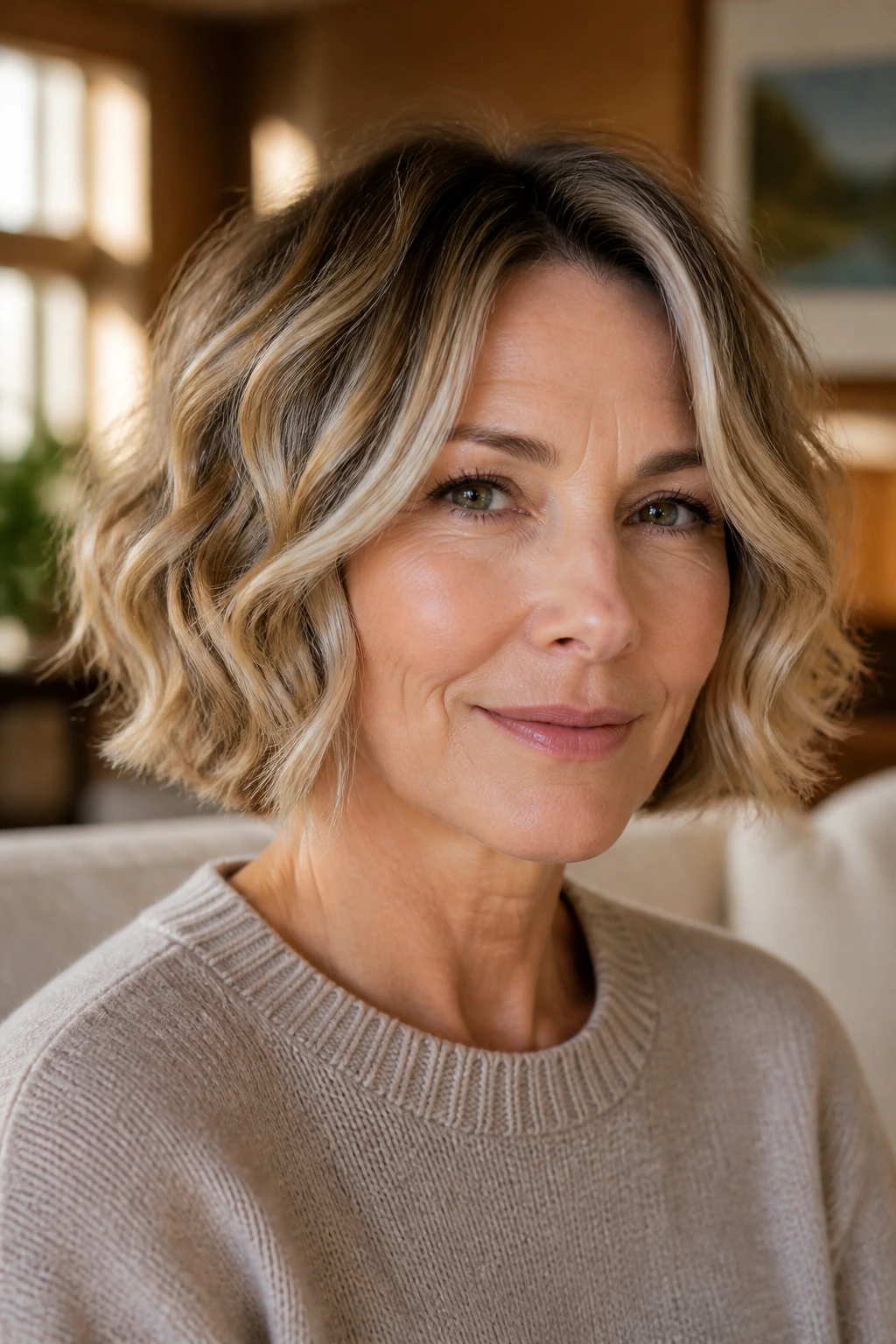 Close-up of a real woman showing a blunt bob with cheekbone waves in warm window-lit living room