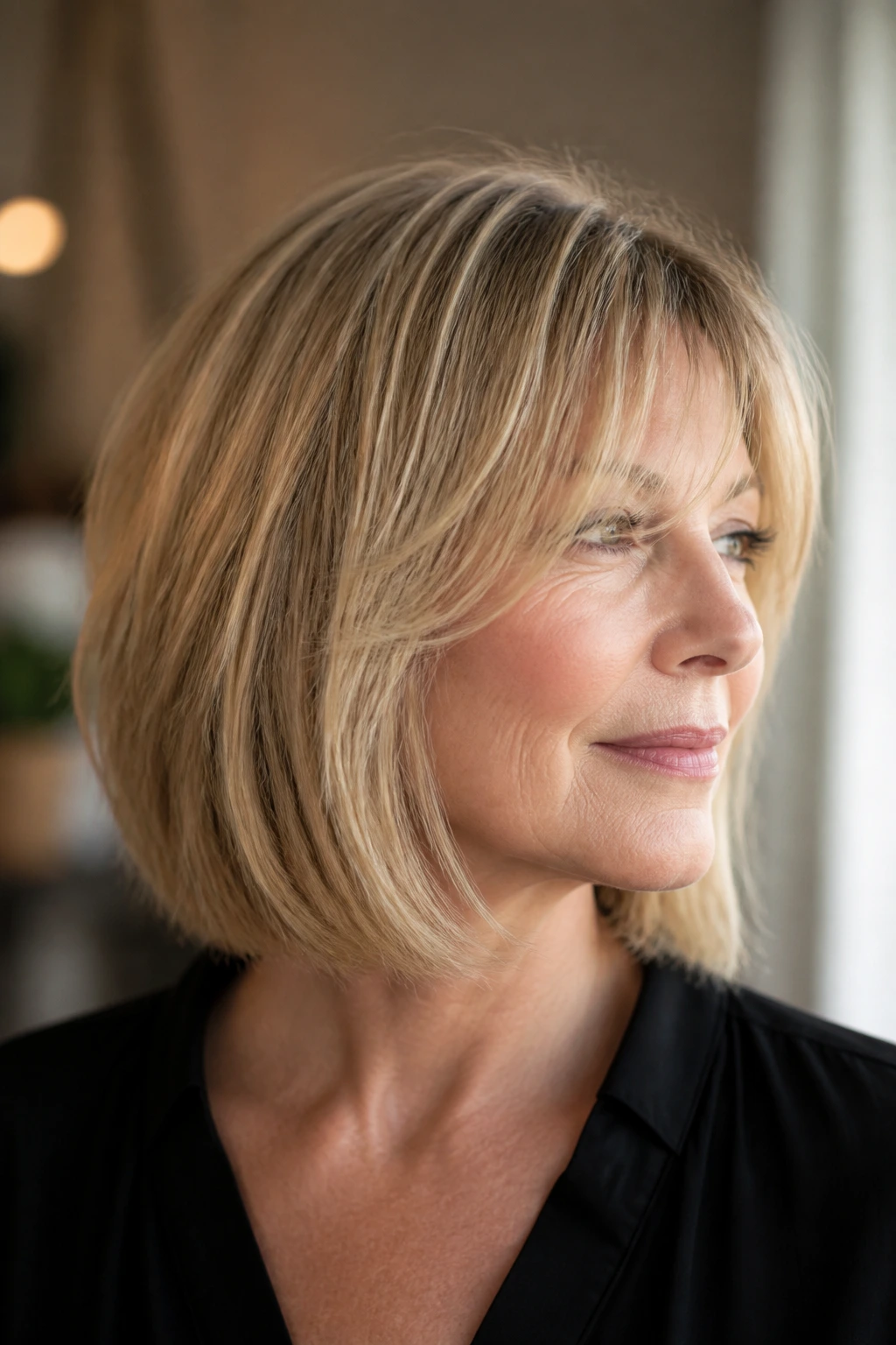 Close-up of a real woman with blunt edge and whisper layers.