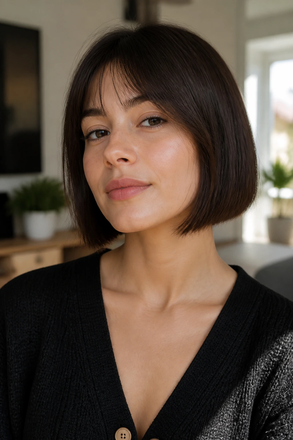 Close-up portrait of a real person with a blunt bob and wispy ends