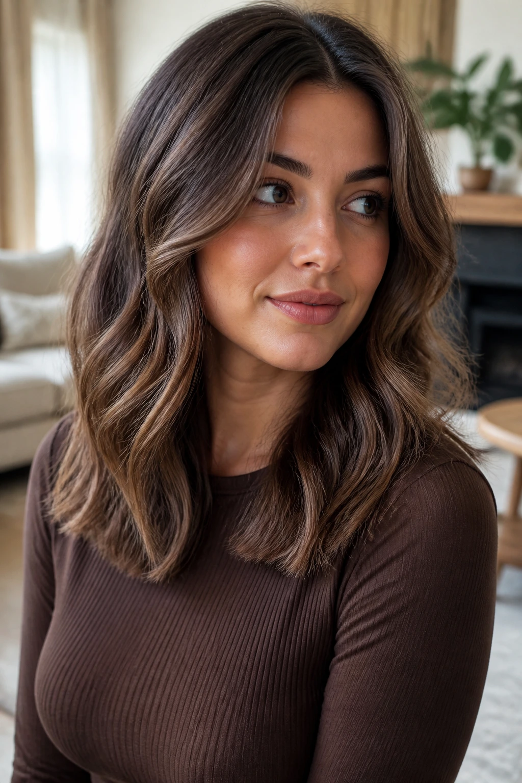 Close-up portrait of a real woman with blunt bottom edge and layered top hairstyle.