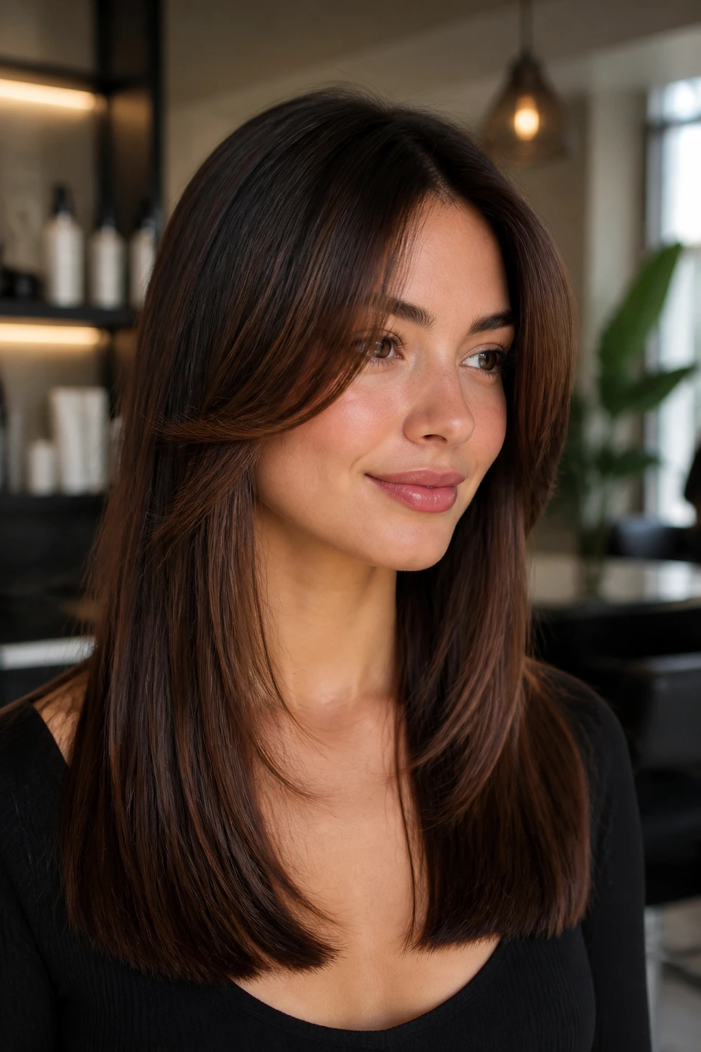 Close-up portrait of a real woman with a blunt bottom hem and soft top layers