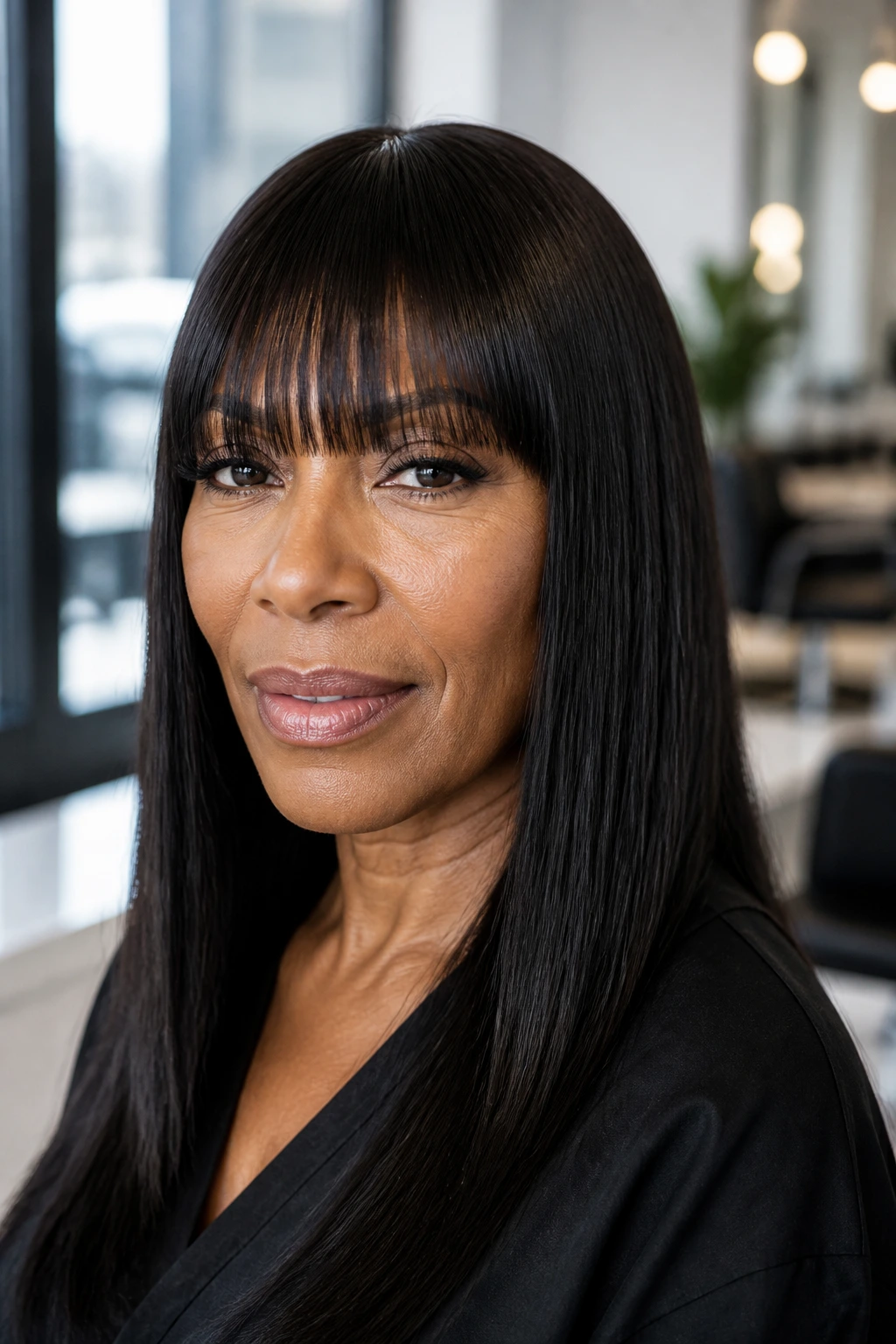 Close-up of a woman with a brow-grazing blunt fringe in a sleek sew-in
