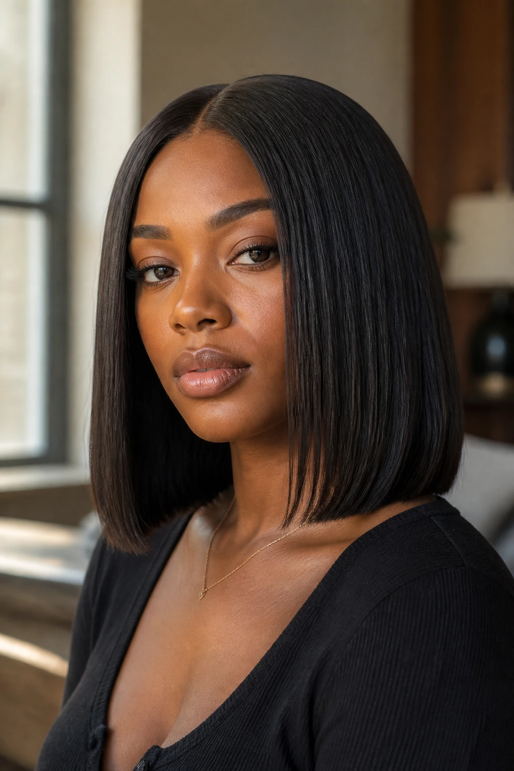 Real woman with blunt center-part shoulder-length bob in a close-up portrait.